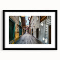 Extra large abstract art print of Stockholm scenery in colorful, textured style on a black framed canvas.
