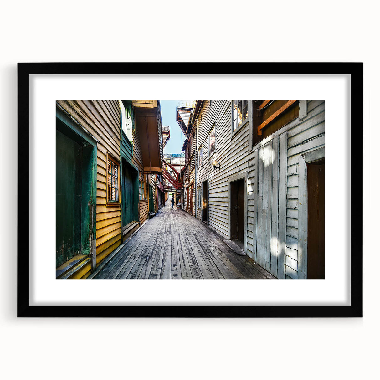 Extra large abstract art print of Stockholm scenery in colorful, textured style on a black framed canvas.