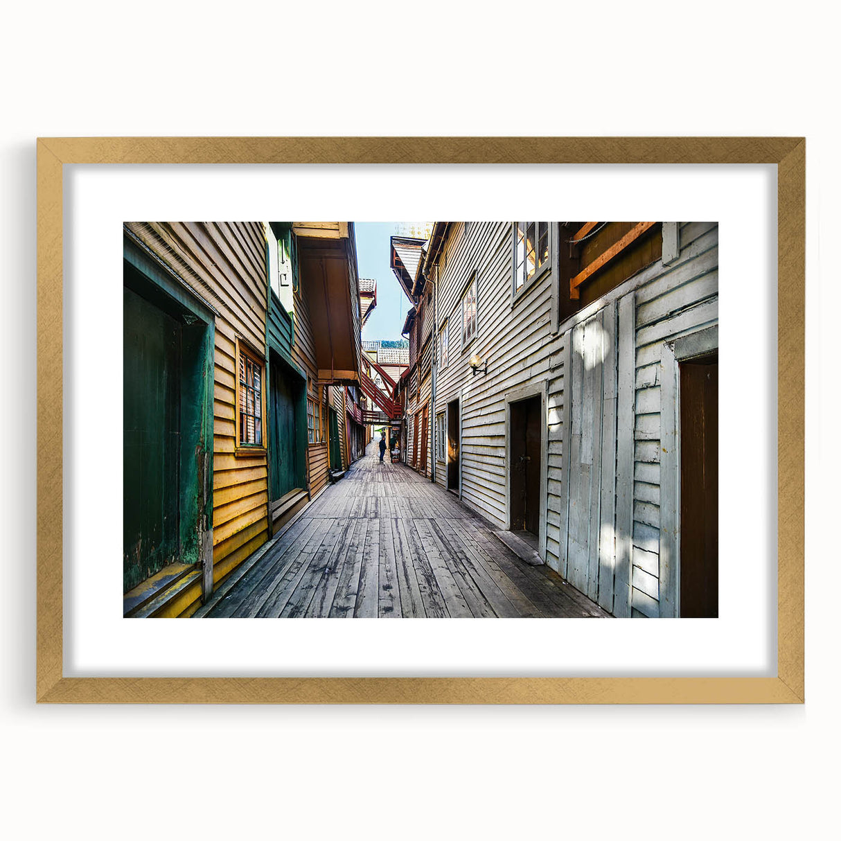 Extra large abstract art print of Stockholm scenery in textured gold frame, suitable for living room decor.