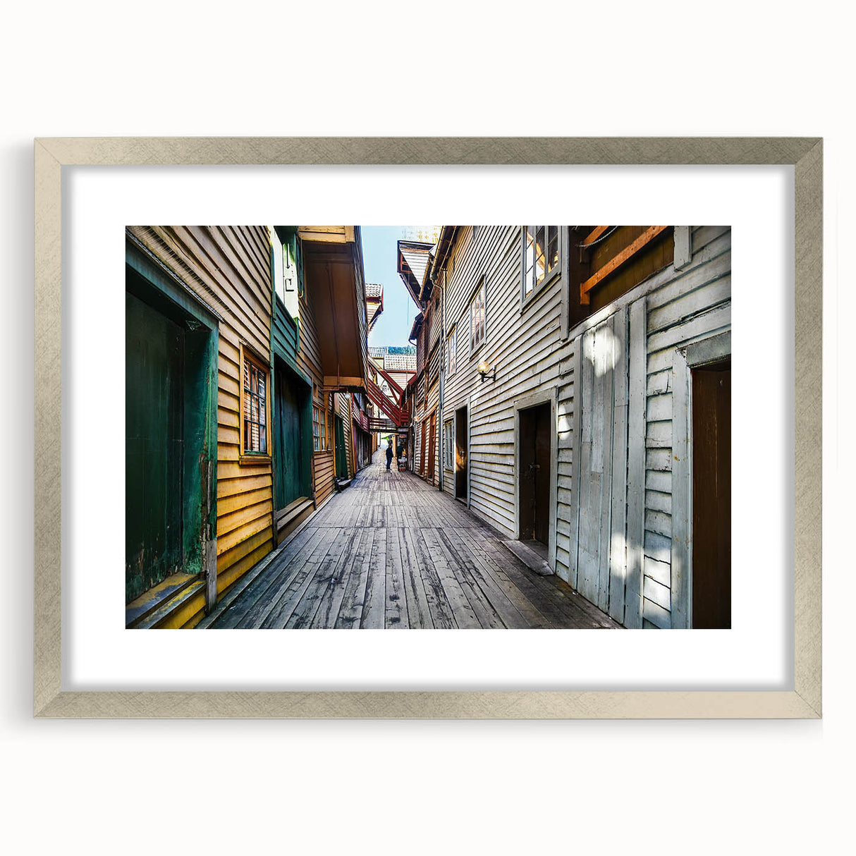 Textured abstract art print of Stockholm scenery in muted blue and gray tones, framed in silver, ideal for bedroom art.