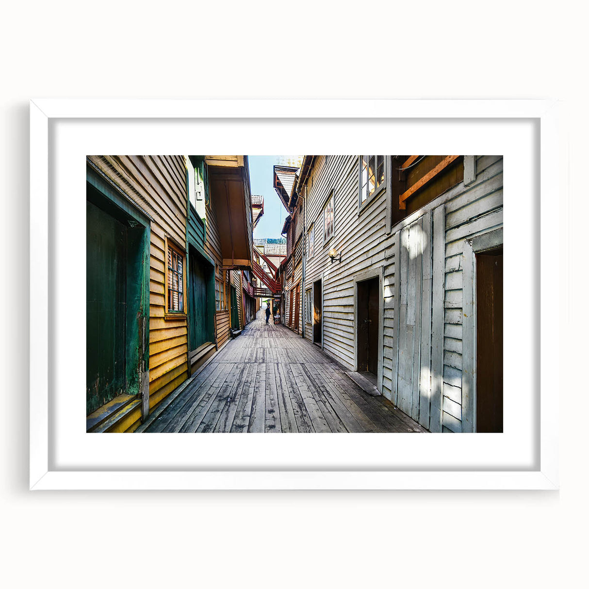 Abstract art print of Stockholm scenery in muted blue and gray tones on a framed white mat, suitable for dining room decor.