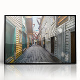 Large abstract wall art of Stockholm's scenery in black acrylic frame, featuring mid-century modernist style.