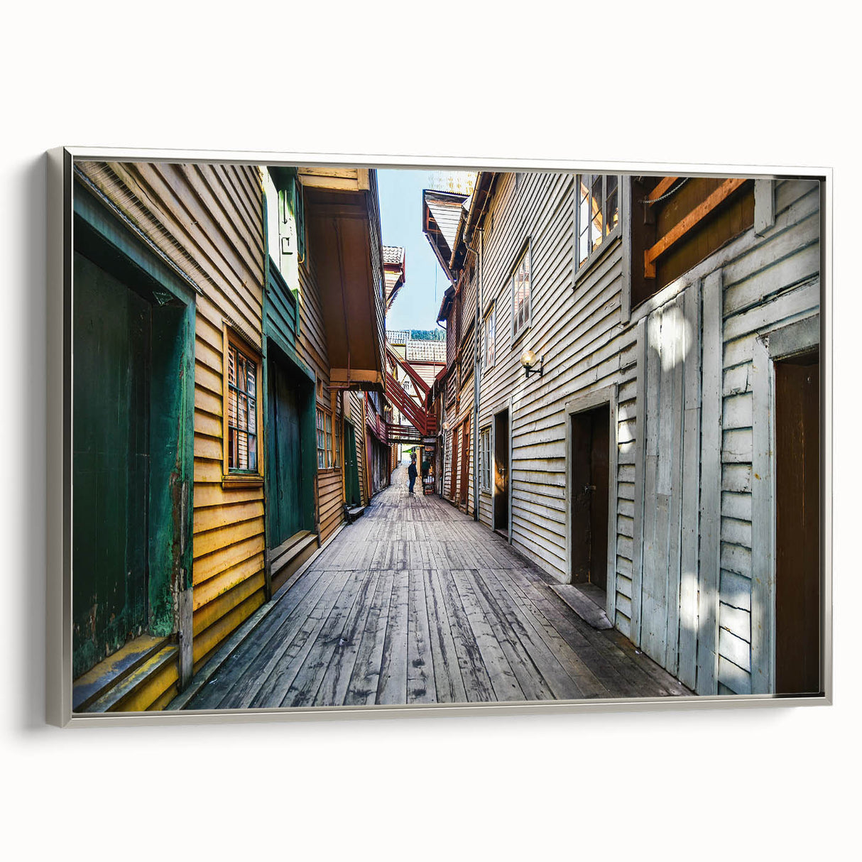 Framed canvas of a vintage Stockholm landscape in muted grays and vibrant colors, ideal for living room decor.