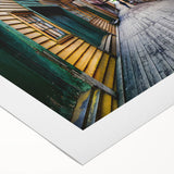Art deco poster of Stockholm scenery in muted blue and yellow tones on rolled canvas, suitable for dining room wall art.