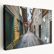 Side view of a large stretched canvas depicting a serene Stockholm scenery in subtle blue and gray tones.