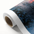 Art deco poster of a serene Swedish landscape in muted green and blue tones on rolled canvas, ideal for nursery wall art.