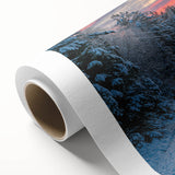 Art deco poster of a serene Swedish landscape in muted green and blue tones on rolled canvas, ideal for nursery wall art.