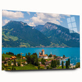 Large abstract depiction of Geneva on acrylic glass, featuring cool blue and gray tones.