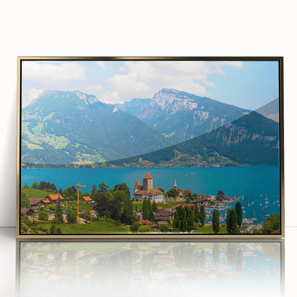 Acrylic print of Geneva scenery with gold frame, featuring mid-century modernist style and muted earth tones.