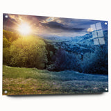 Large abstract wall art depicting a scenic European landscape on acrylic glass, ideal for bedroom or dining room decor.