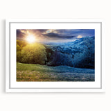 Abstract art print of a European landscape in muted earth tones on a framed white mat, ideal for dining room decor.