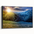Black and white framed canvas featuring a vintage-style landscape of a European scenery, ideal for bedroom wall art.
