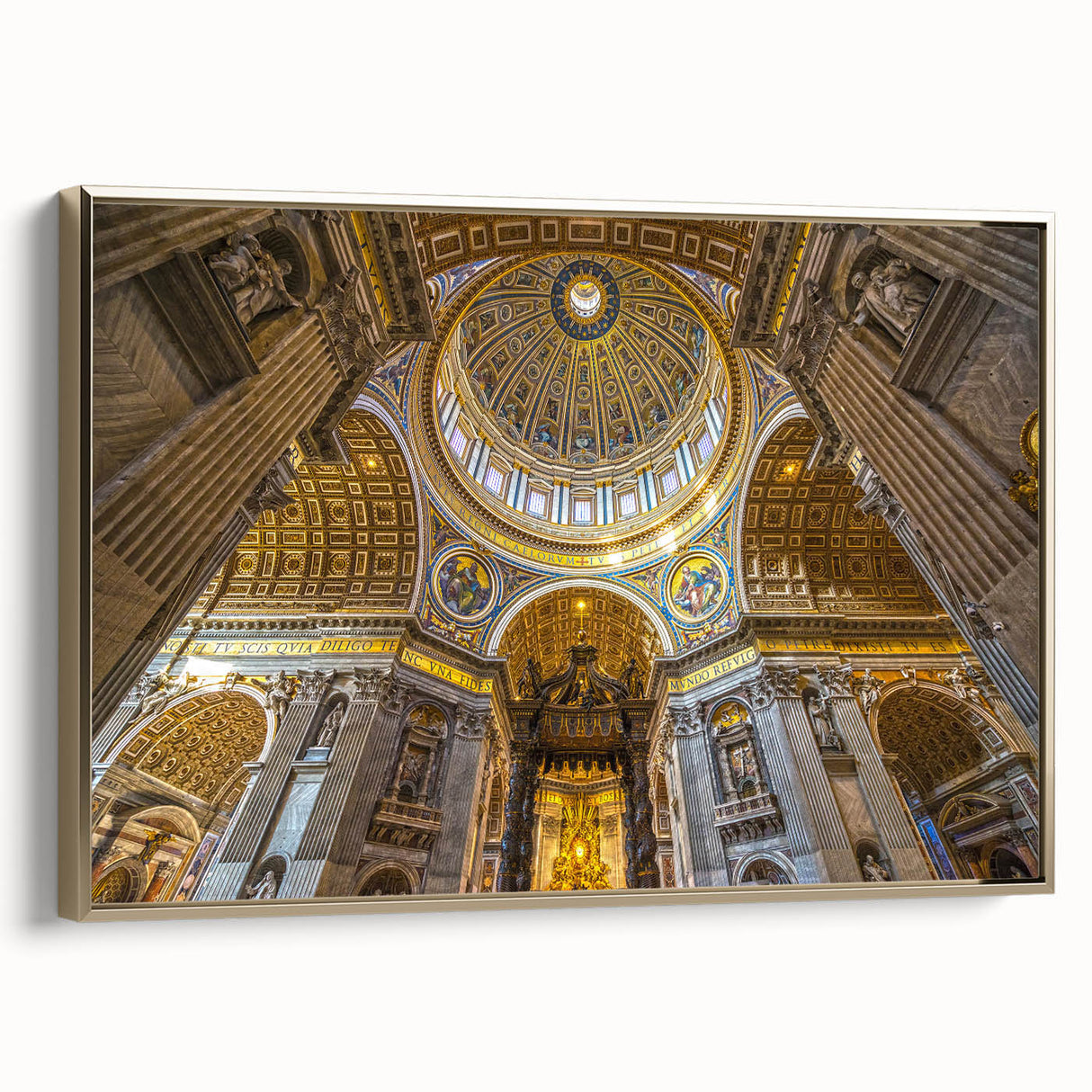 Framed canvas of a vintage-style landscape painting featuring the Vatican, rendered in muted gold and black tones.