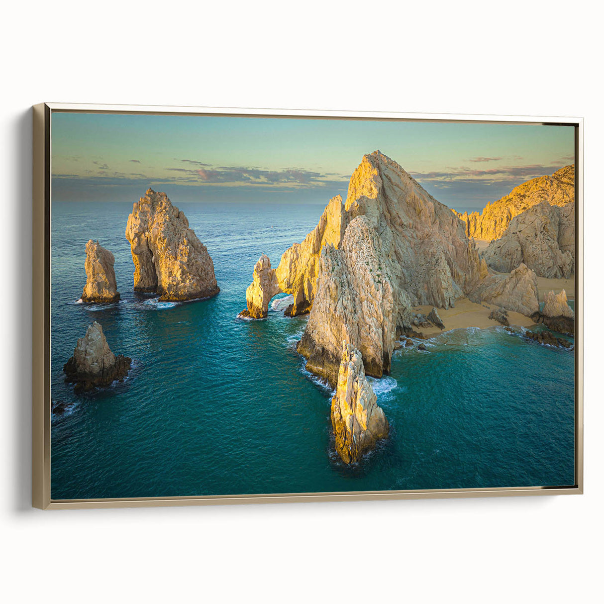 Framed canvas depicting a vintage-style landscape of Baja California in black and gold tones, ideal for bedroom wall art.