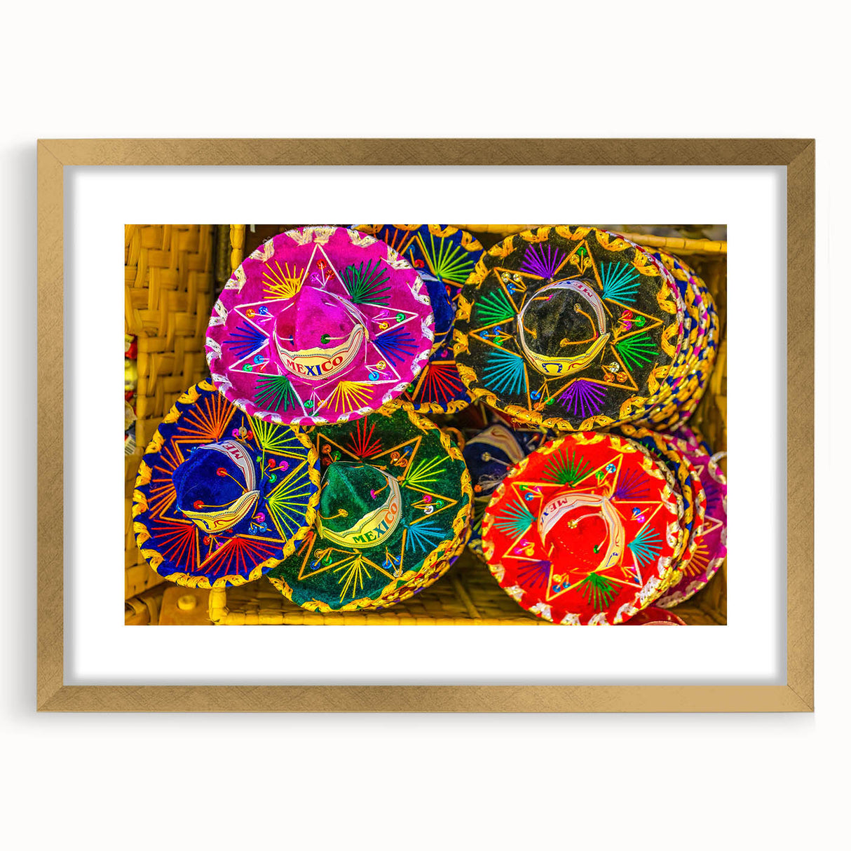 Extra large abstract art print of Cabo San Lucas scenery in gold frame, featuring textured elements and vibrant colors.