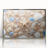 Mid-century modernist art depicting Cancun scenery in muted blue and green tones on a silver-framed acrylic print.