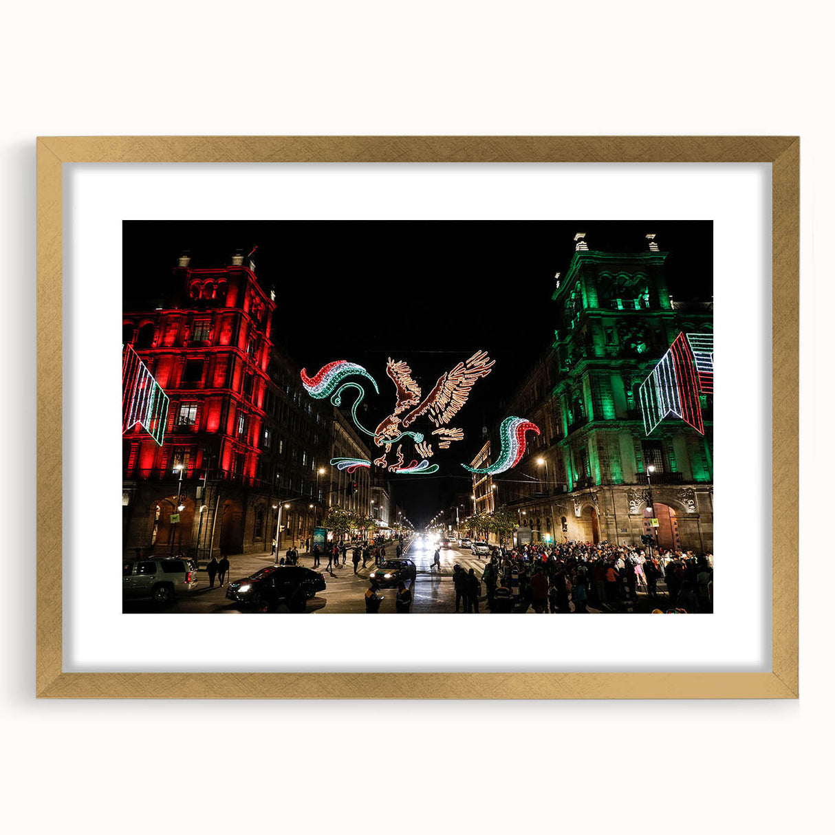 Extra large abstract art print of Mexico City, featuring textured design in gold frame, ideal for living room decor.