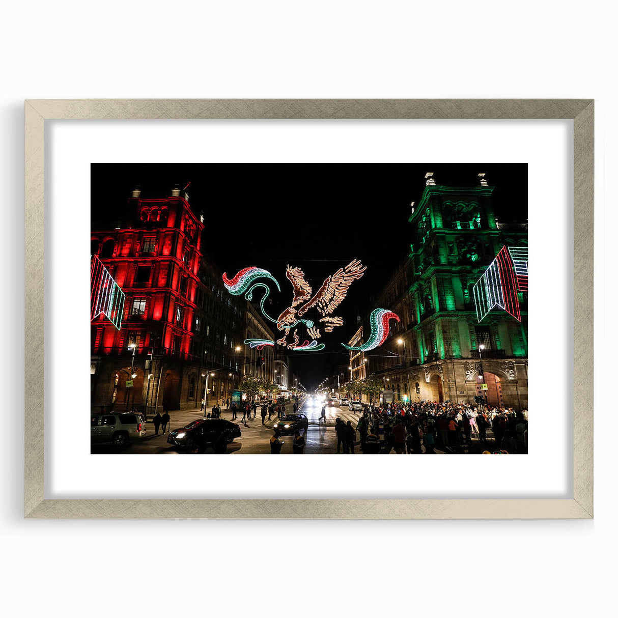 Textured abstract art print of Mexico City scenery in muted earth tones, framed in silver, ideal for bedroom art.