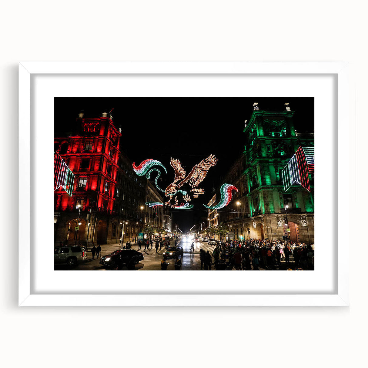 Large abstract wall art depicting Mexico City skyline in muted gray and blue tones, framed with a white mat.