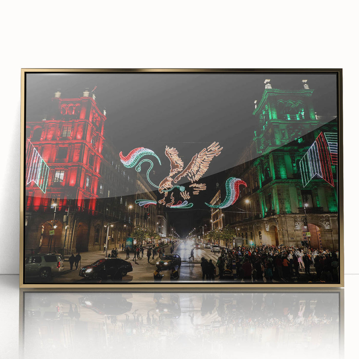 Framed acrylic print of Mexico City scenery in gold tones, ideal for modern art wall decor.