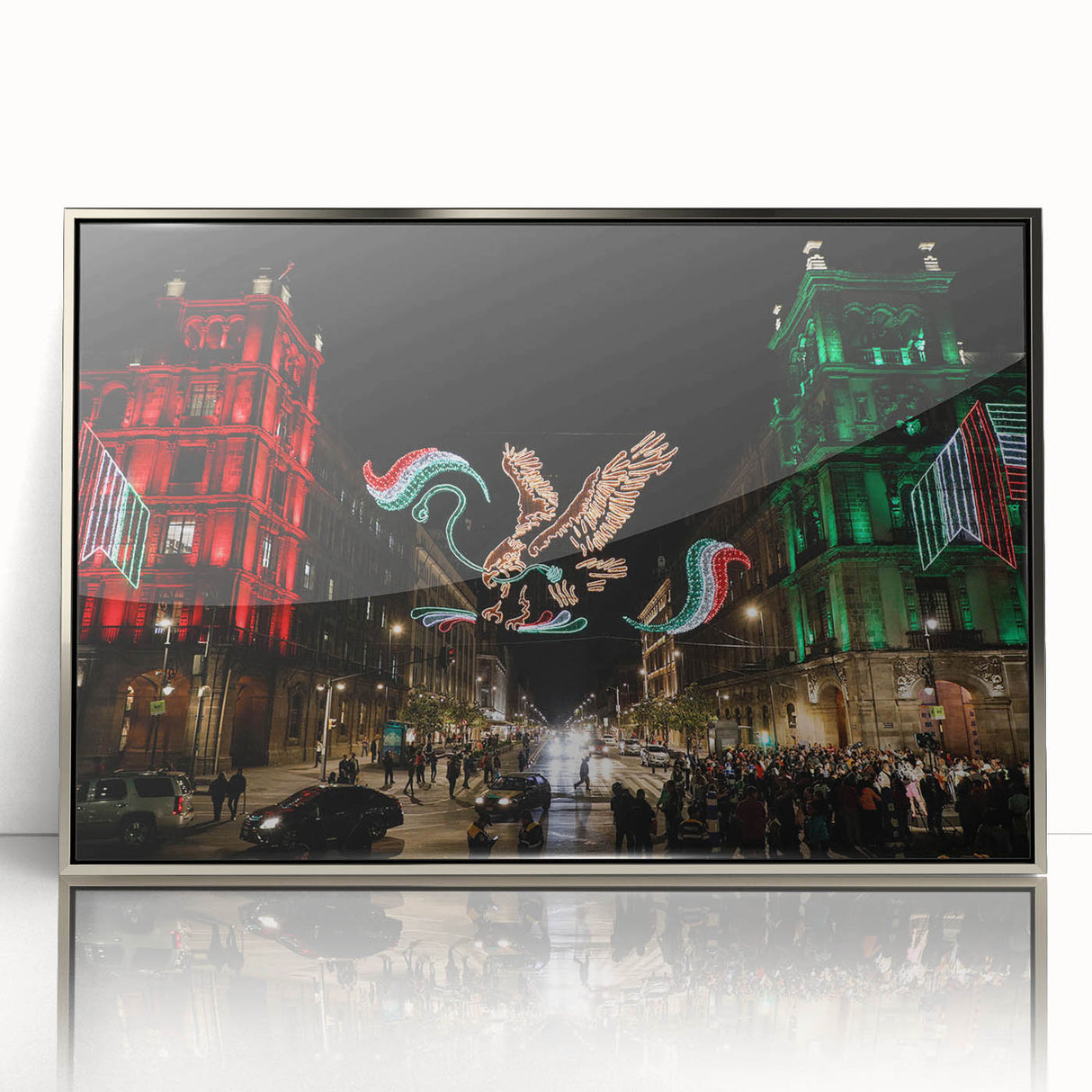 Mid-century modernist art depicting Mexico City scenery in acrylic, framed in silver, suitable for modern art wall decor.