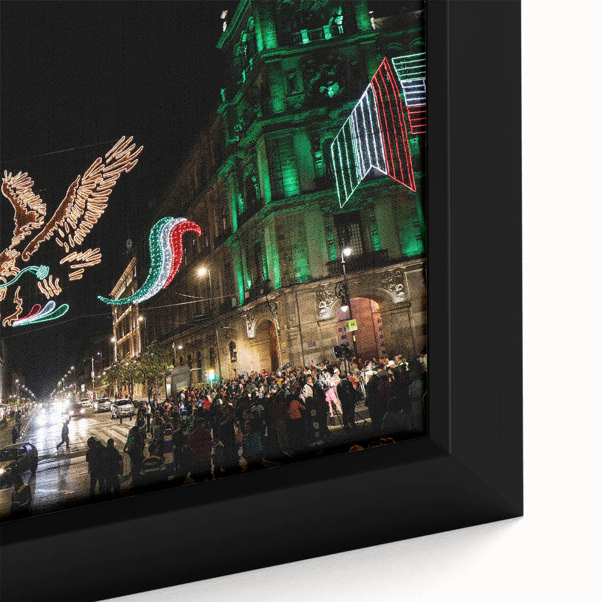 Extra large framed canvas of Mexico City scenery in black with colorful, textured details, ideal for living room decor.