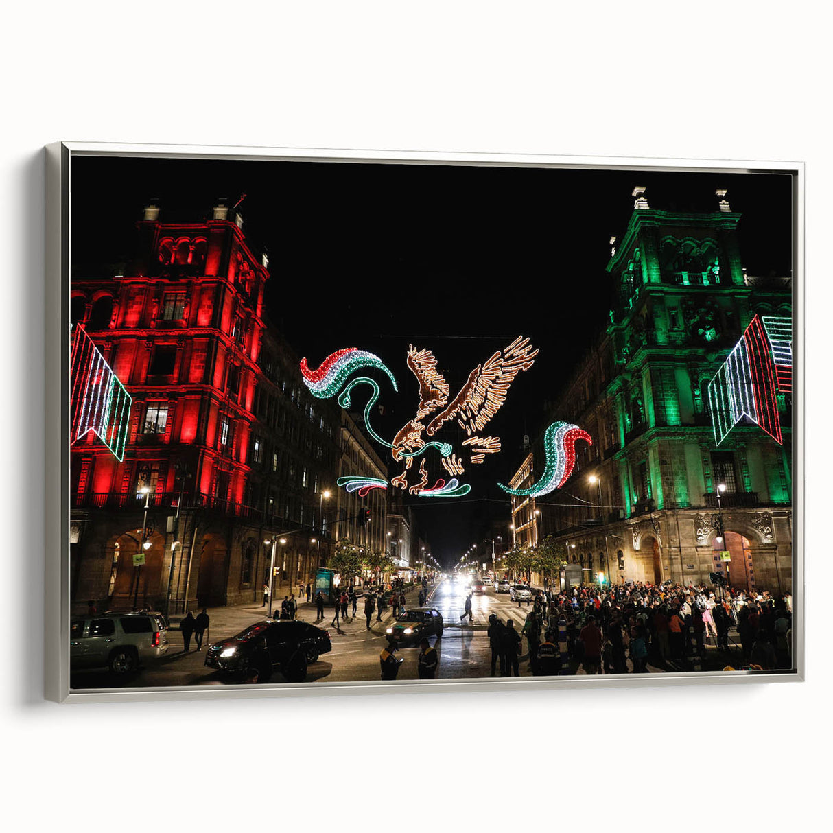 Framed canvas featuring a vintage-style landscape art painting of Mexico City in colorful hues, ideal for living room decor.