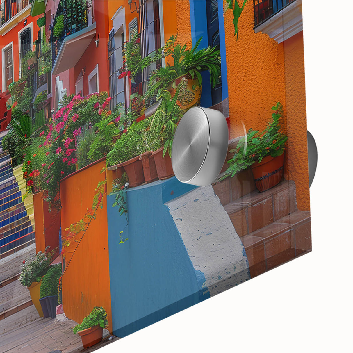 Mid-century modernist acrylic print of abstract Guanajuato scenery in vibrant colors, ideal for dining room art.