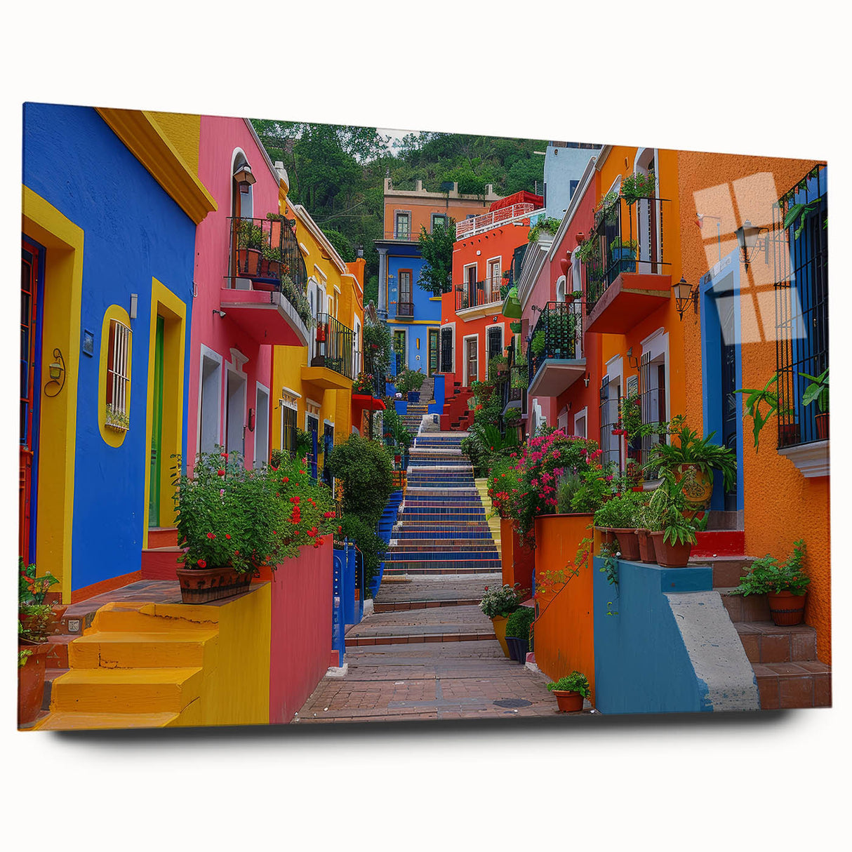 Acrylic print of a large abstract depiction of Guanajuato, Mexico, in vibrant hues, ideal for bedroom or dining room art.