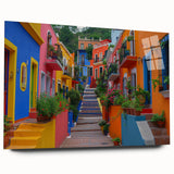Acrylic print of a large abstract depiction of Guanajuato, Mexico, in vibrant hues, ideal for bedroom or dining room art.
