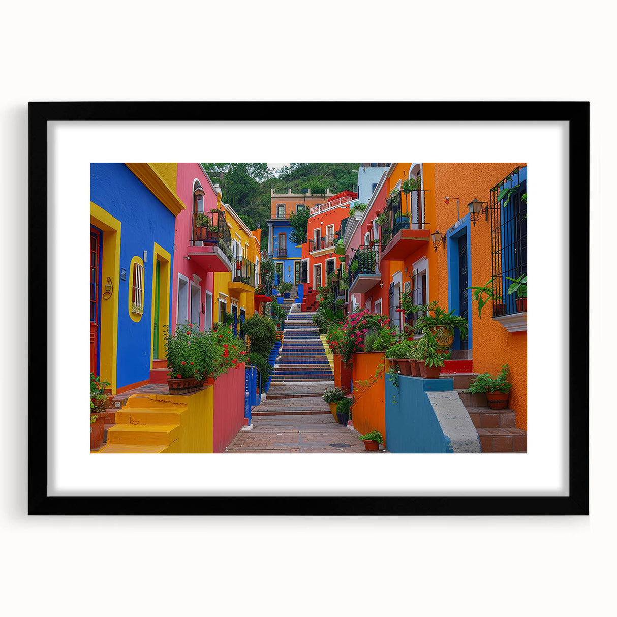 Extra large framed print of an abstract Guanajuato scenery in vibrant, textured colors, ideal for living room decor.