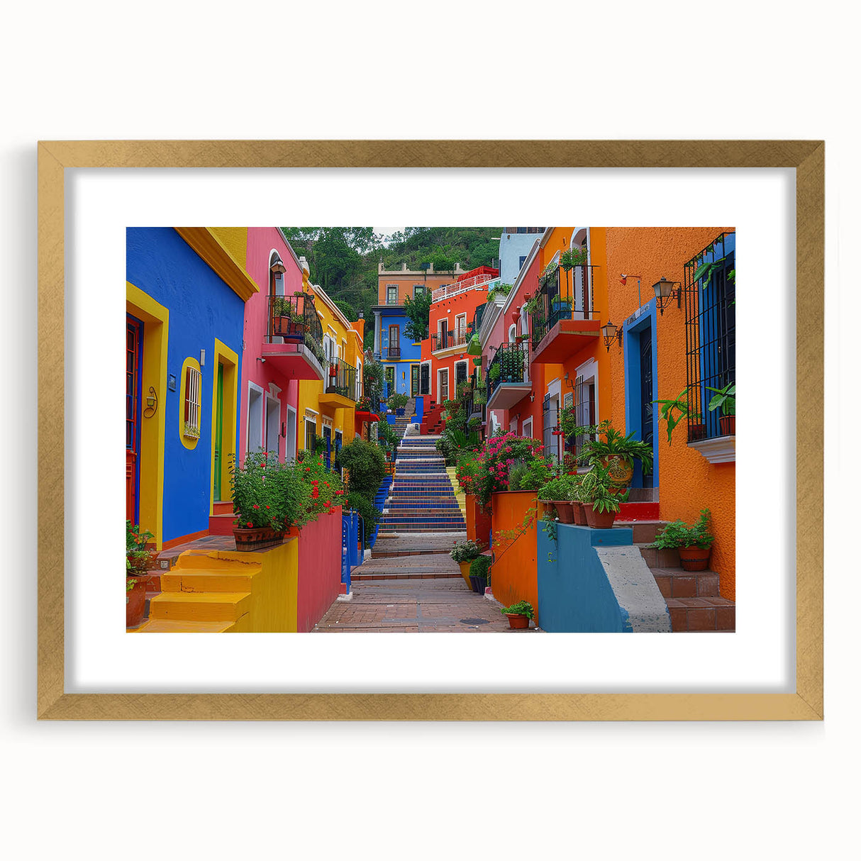 Extra large abstract art print of Guanajuato, featuring textured vibrant colors on a gold-framed canvas.