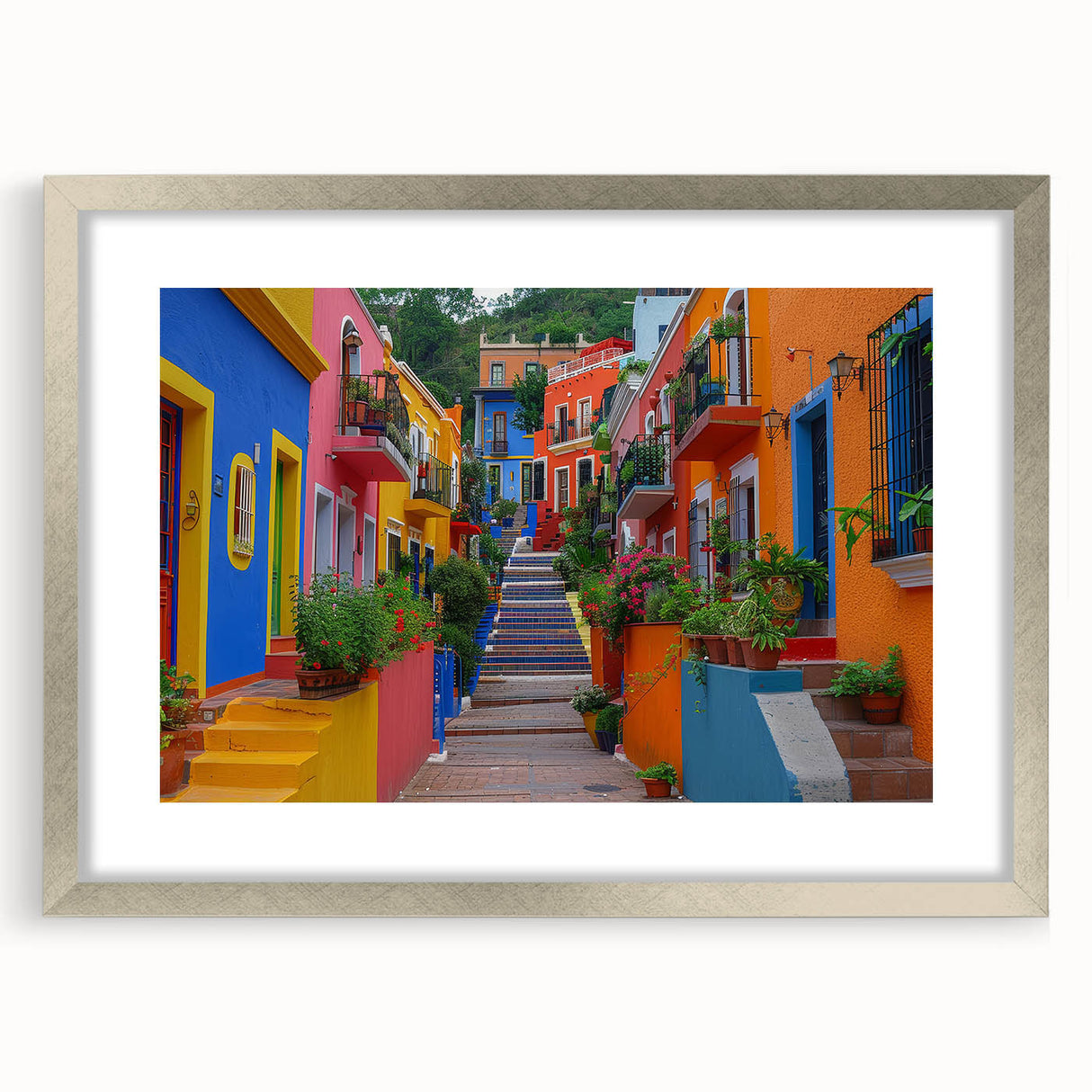 Textured art depicting an abstract rendition of Guanajuato, Mexico in vibrant, multicolored hues on a framed silver mat.