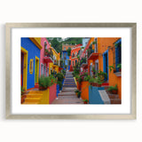 Textured art depicting an abstract rendition of Guanajuato, Mexico in vibrant, multicolored hues on a framed silver mat.