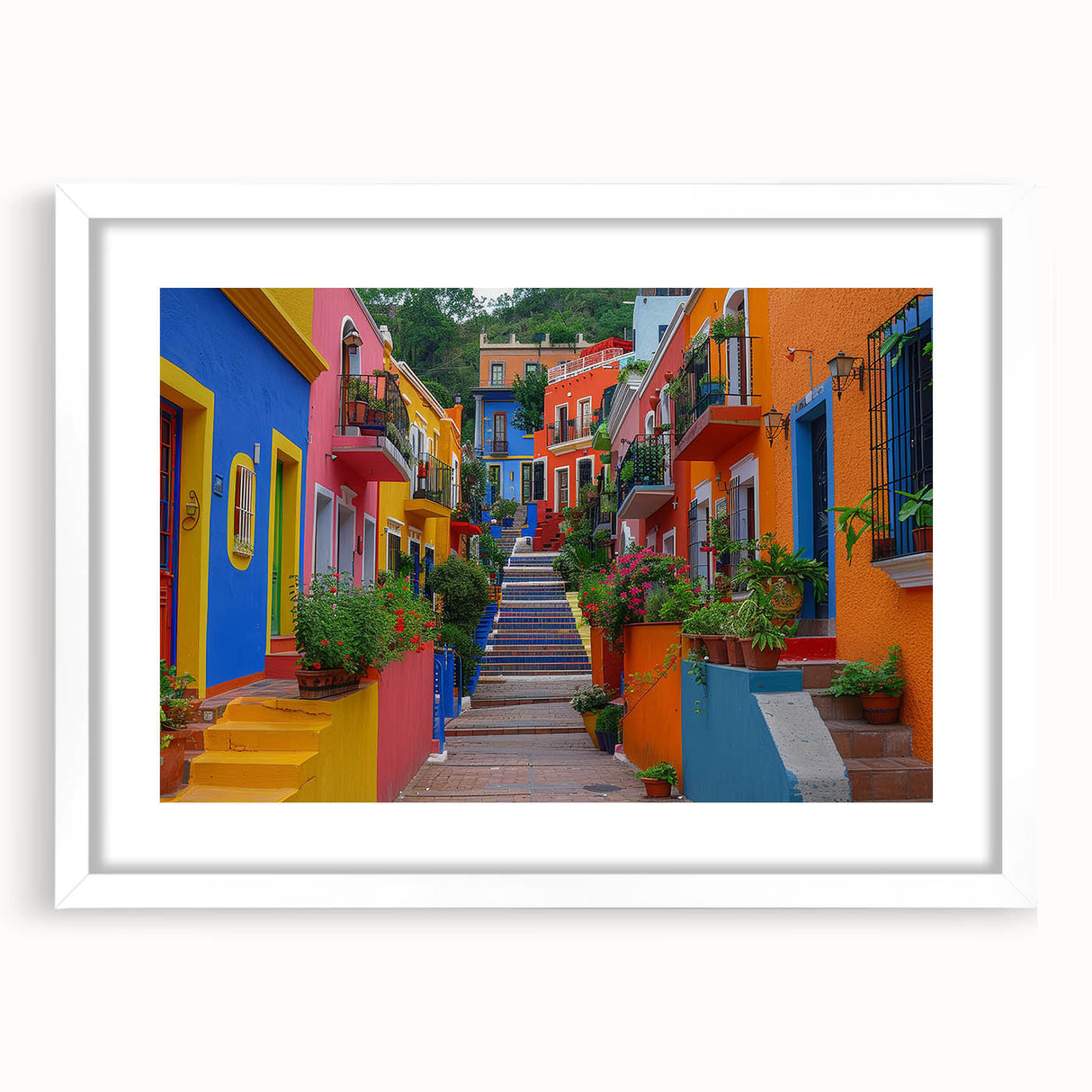 Abstract art print of Guanajuato scenery in muted earth tones on a framed white mat, ideal for dining room decor.