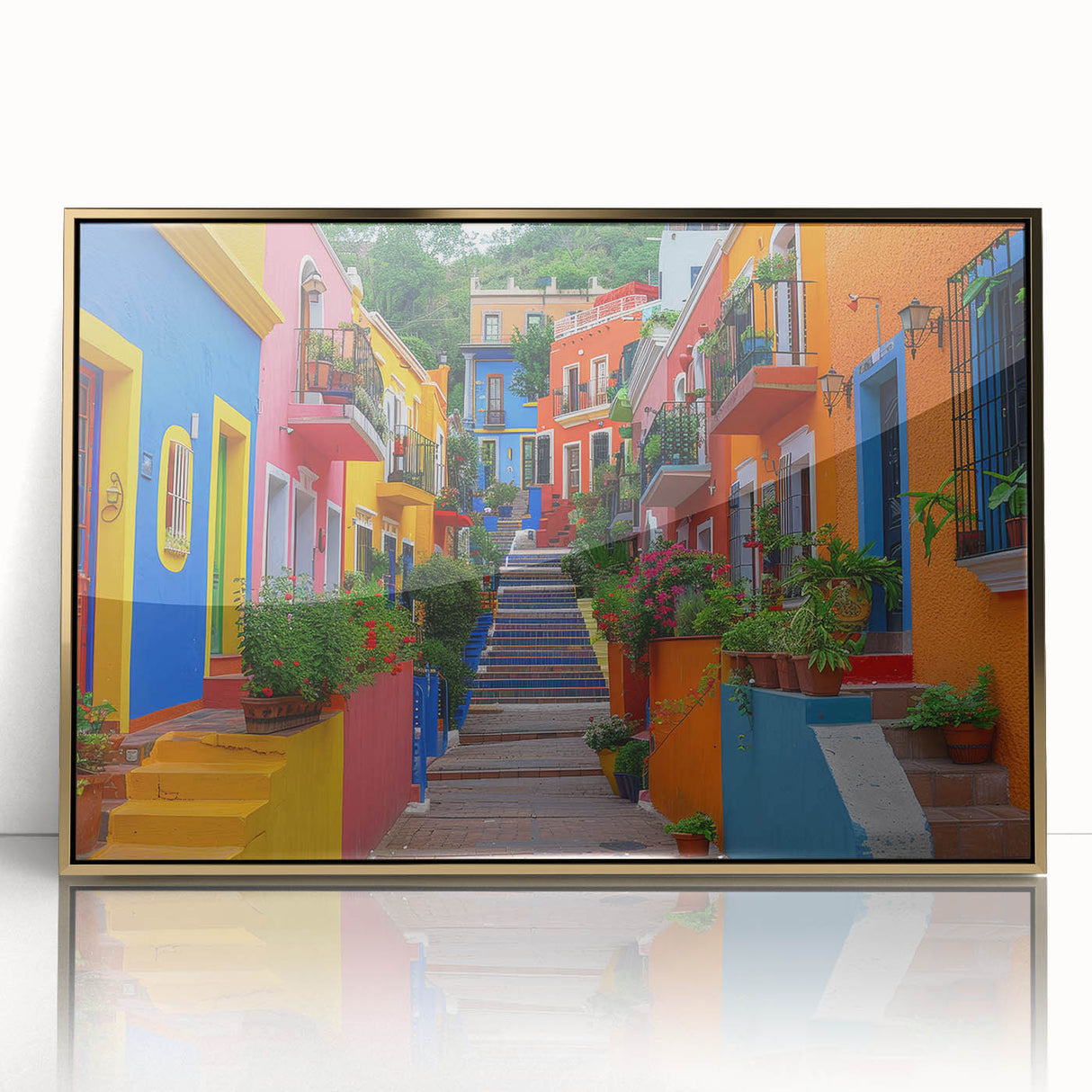 Mid-century modernist art depicting the colorful buildings of Guanajuato, Mexico, in a gold-framed acrylic.