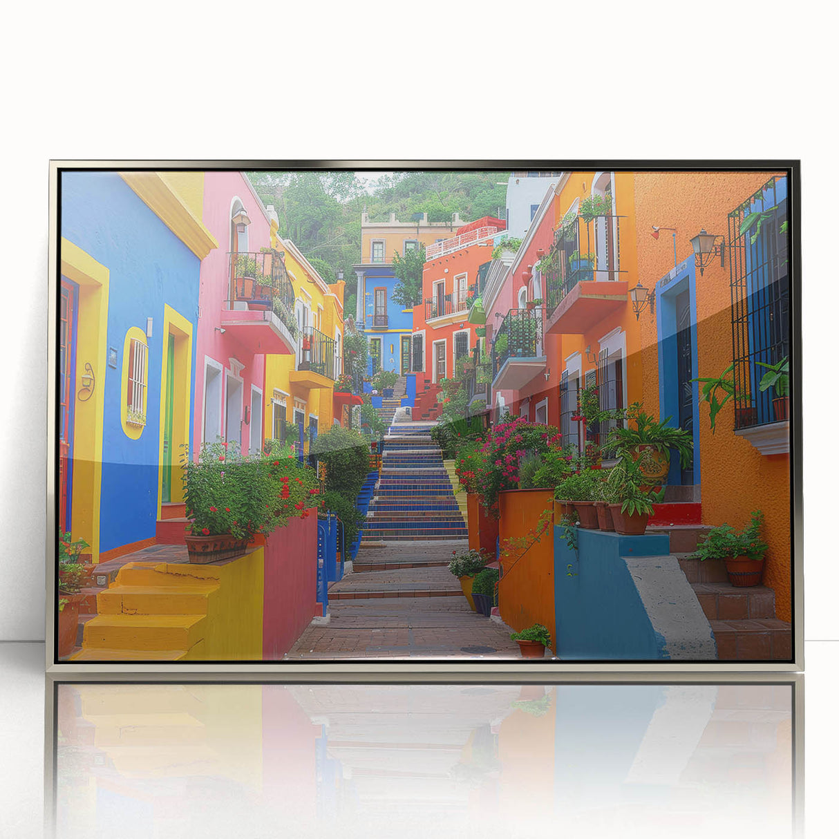 Framed acrylic print of Guanajuato, Mexico with vibrant colors in a mid-century modernist style.
