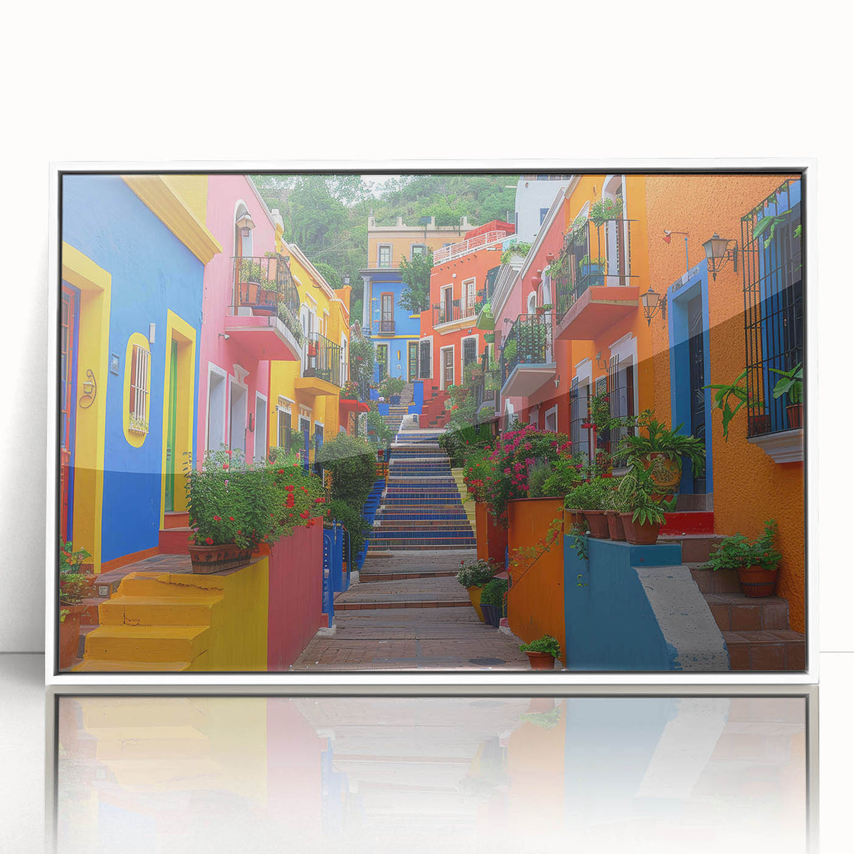 Art deco poster featuring the colorful buildings of Guanajuato, Mexico in vibrant hues, displayed in a white-framed acrylic.