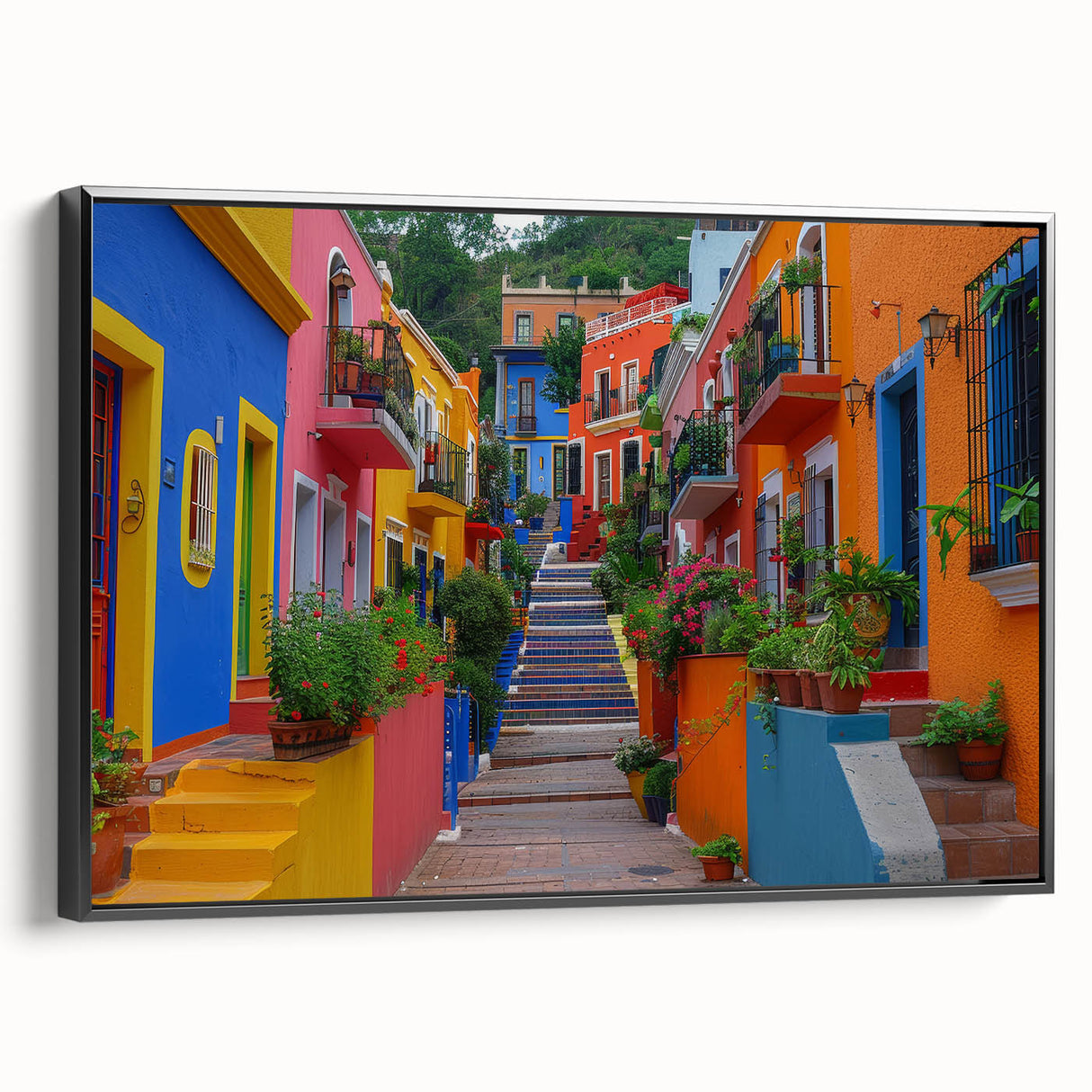 Black and white framed canvas of Guanajuato landscape, ideal for bedroom wall art in vintage poster style.