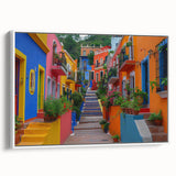 Vintage poster art of Guanajuato, Mexico on a framed canvas, featuring colorful buildings in extra large size.