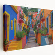 Large art print of Guanajuato, Mexico, featuring vibrant colors on stretched canvas, ideal for kitchen wall art.