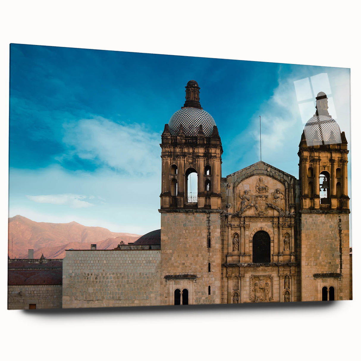 Large abstract wall art depicting vibrant Oaxaca scenery on acrylic glass, ideal for bedroom or dining room decor.