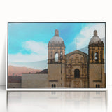 Acrylic print of Oaxaca scenery in art deco style with muted earth tones, framed in white.