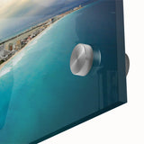 Large abstract wall art depicting Quintana Roo scenery in muted blue and green tones on acrylic glass.