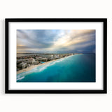 Extra large abstract art print of vibrant, colorful scenery in Quintana Roo, Mexico, on a textured canvas with a black frame.