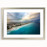 Textured abstract art print depicting a serene Quintana Roo scenery in muted earth tones, framed in silver.