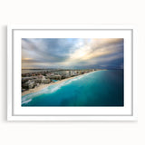 Abstract art print of Quintana Roo scenery in muted blue and green tones on a white framed canvas.