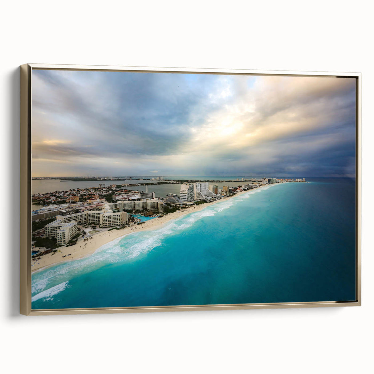 Framed canvas depicting a vintage-style landscape of Quintana Roo, Mexico, with gold accents, ideal for bedroom wall art.