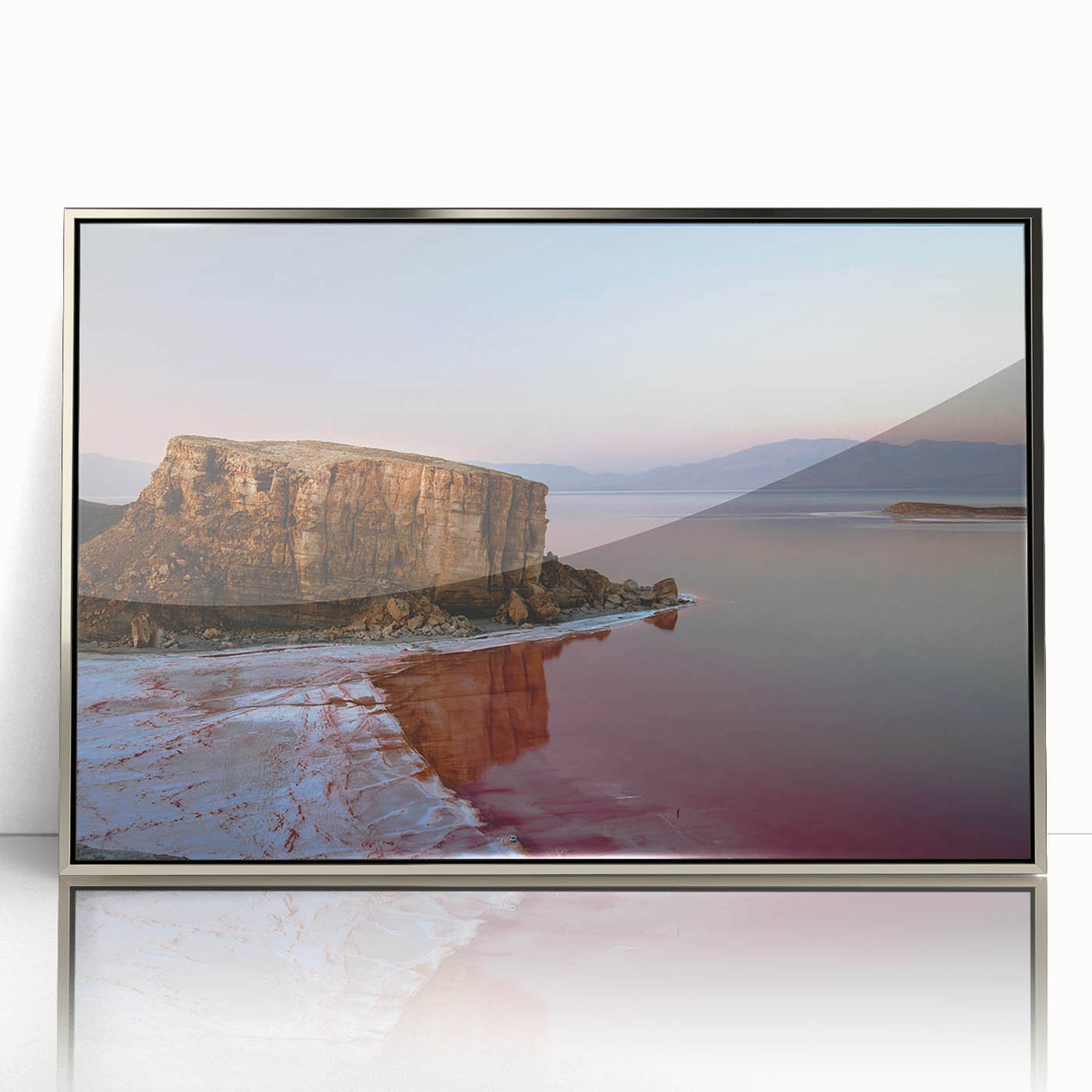 Mid-century modernist art depicting a scenic Middle Eastern landscape in silver acrylic, ideal for nursery wall art.