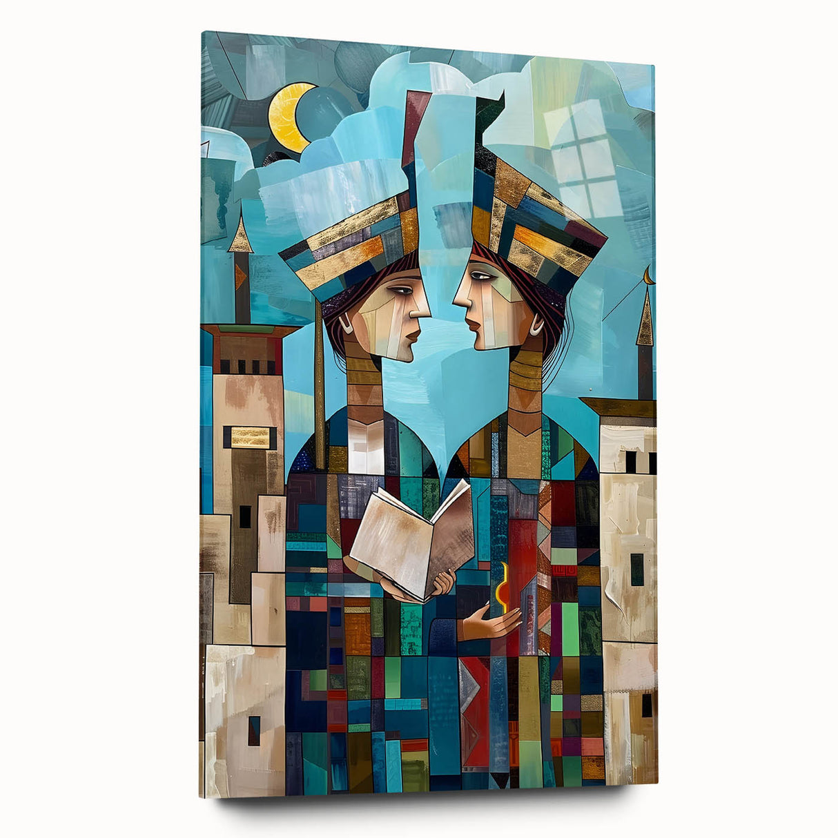 Large abstract wall art depicting a Middle Eastern scenery in muted earth tones on acrylic glass.